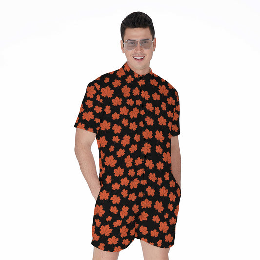 Orange Maple Leaves Pattern Print Men's Rompers
