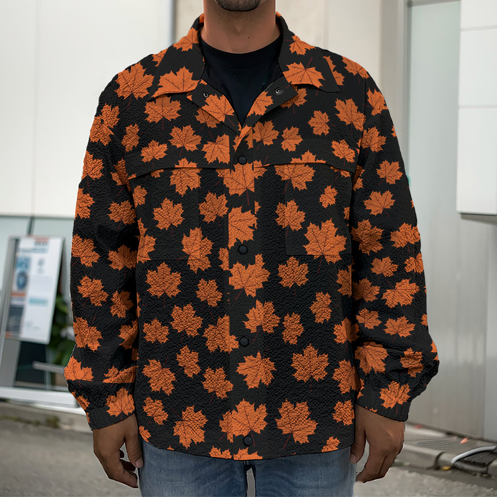 Orange Maple Leaves Pattern Print Men's Shirt Jacket