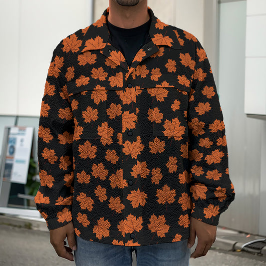 Orange Maple Leaves Pattern Print Men's Shirt Jacket