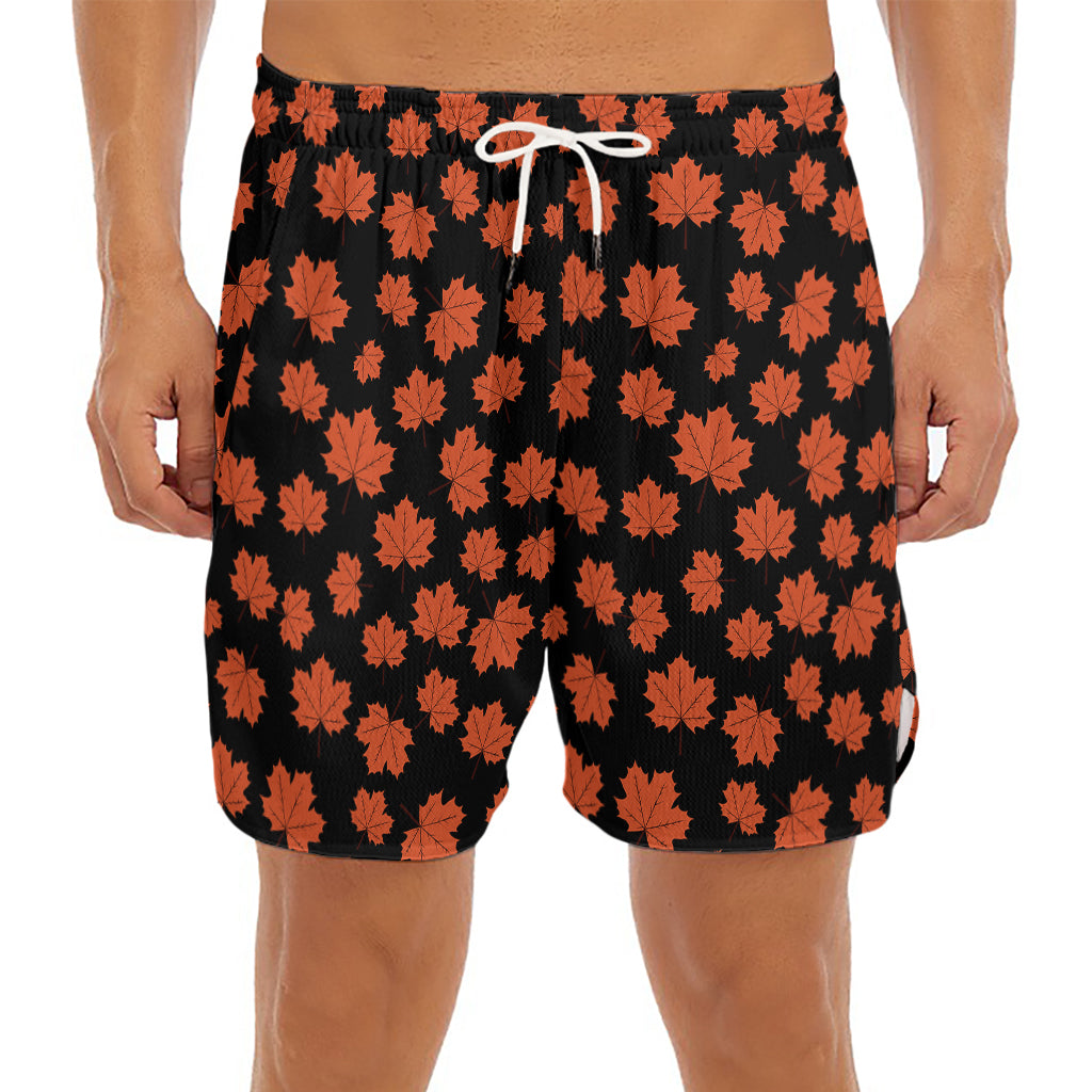 Orange Maple Leaves Pattern Print Men's Split Running Shorts