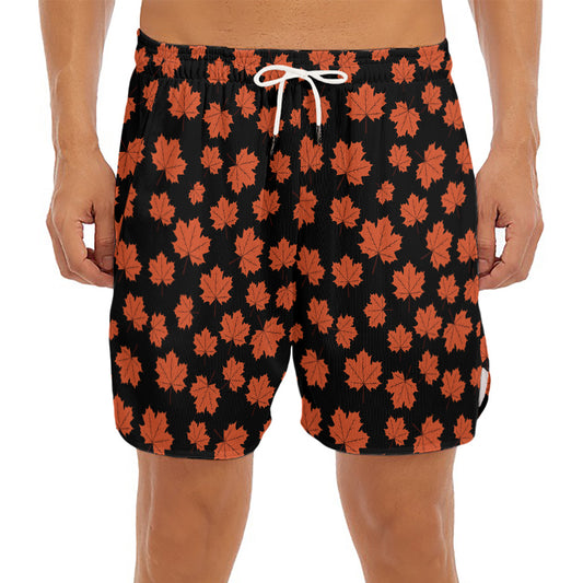 Orange Maple Leaves Pattern Print Men's Split Running Shorts
