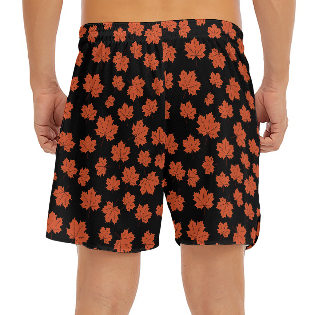 Orange Maple Leaves Pattern Print Men's Split Running Shorts