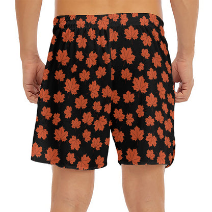 Orange Maple Leaves Pattern Print Men's Split Running Shorts
