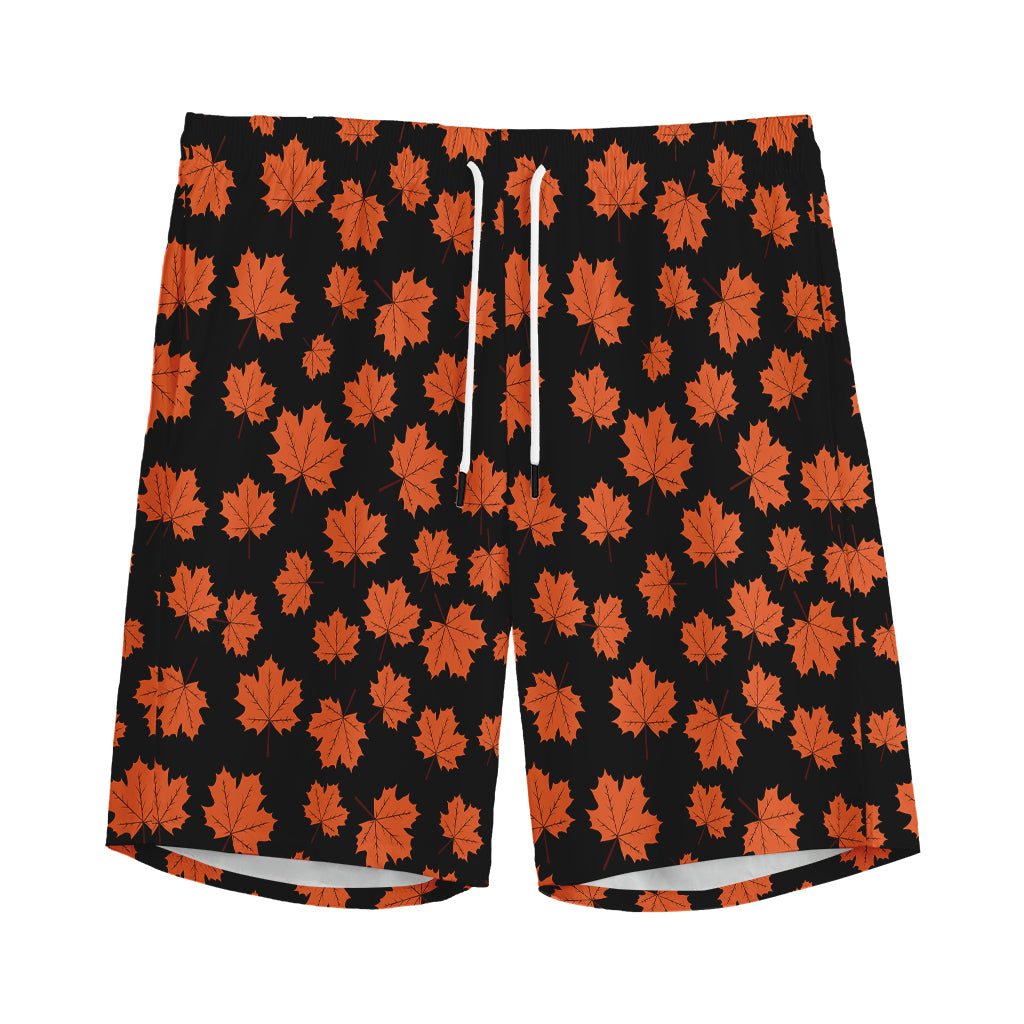 Orange Maple Leaves Pattern Print Men's Sports Shorts