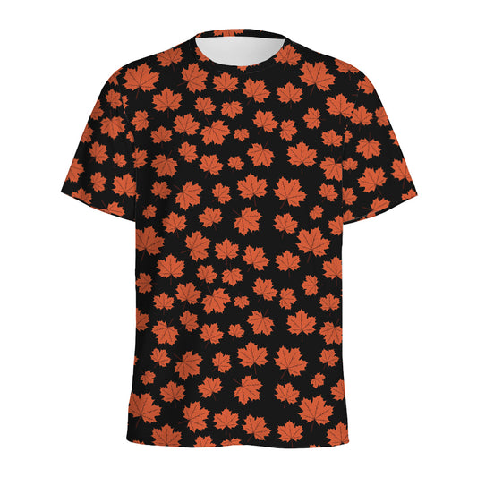Orange Maple Leaves Pattern Print Men's Sports T-Shirt