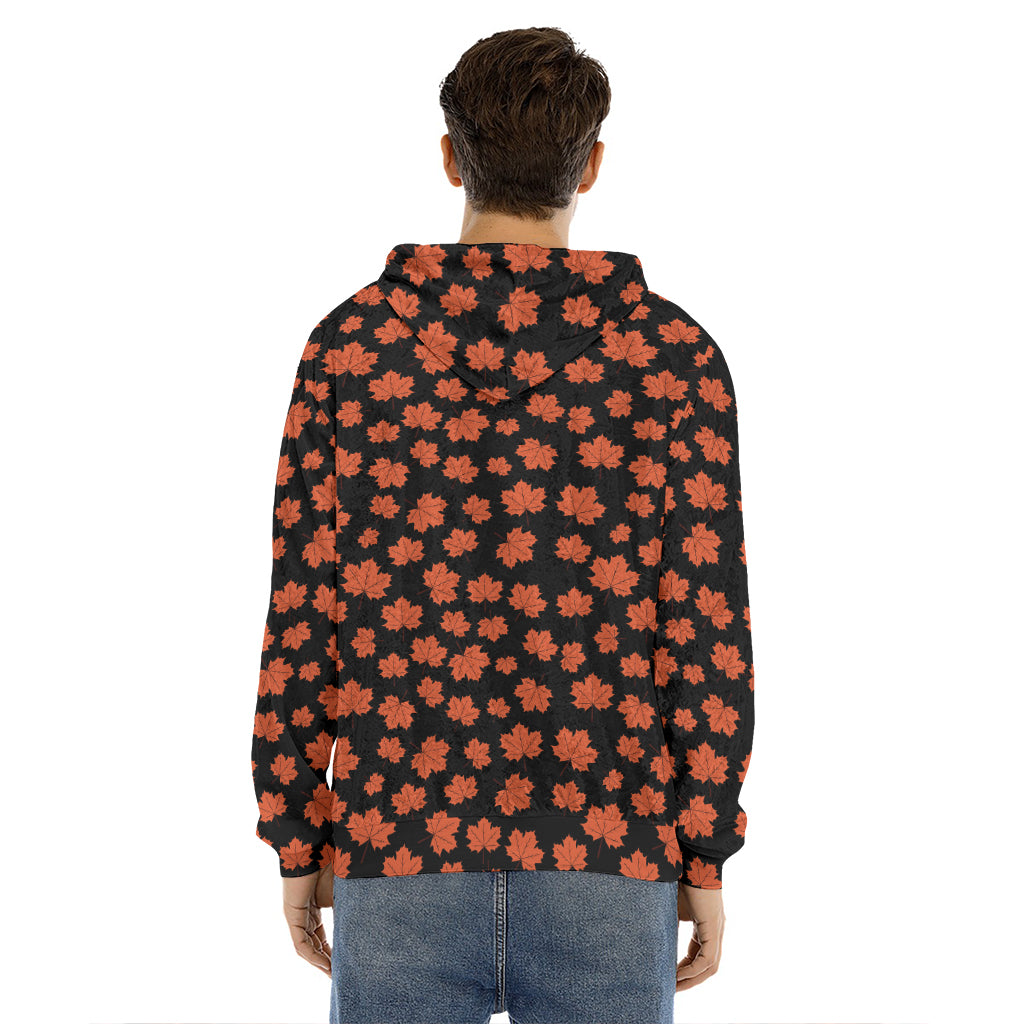 Orange Maple Leaves Pattern Print Men's Velvet Pullover Hoodie