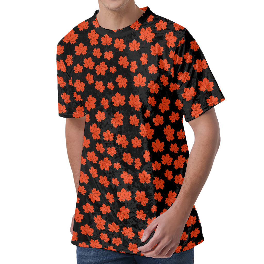 Orange Maple Leaves Pattern Print Men's Velvet T-Shirt