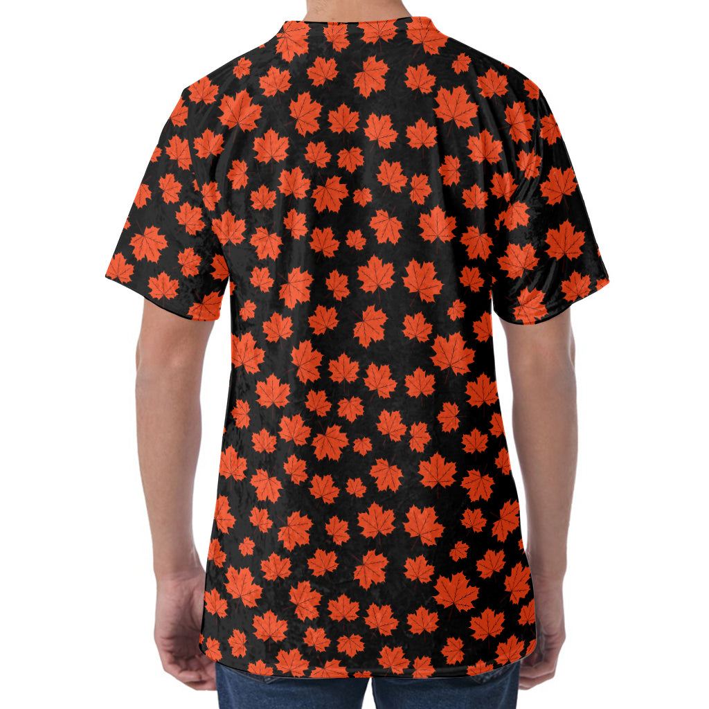 Orange Maple Leaves Pattern Print Men's Velvet T-Shirt