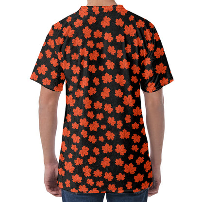 Orange Maple Leaves Pattern Print Men's Velvet T-Shirt