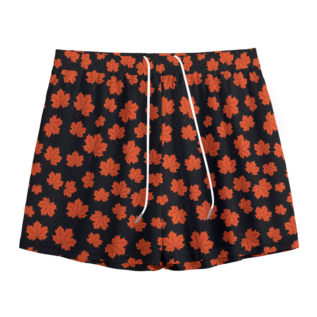 Orange Maple Leaves Pattern Print Mesh Shorts
