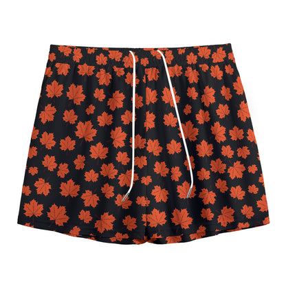 Orange Maple Leaves Pattern Print Mesh Shorts