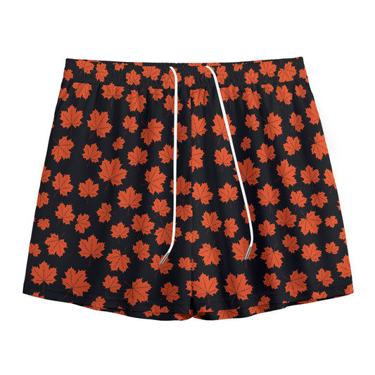 Orange Maple Leaves Pattern Print Mesh Shorts