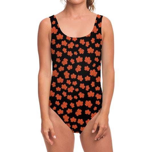 Orange Maple Leaves Pattern Print One Piece Swimsuit