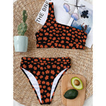 Orange Maple Leaves Pattern Print One Shoulder Bikini Top