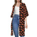 Orange Maple Leaves Pattern Print Open Front Beach Cover Up