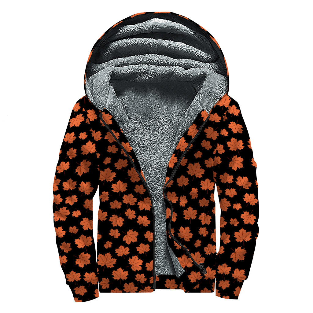 Orange Maple Leaves Pattern Print Sherpa Lined Zip Up Hoodie