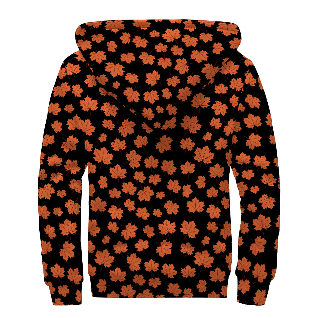 Orange Maple Leaves Pattern Print Sherpa Lined Zip Up Hoodie