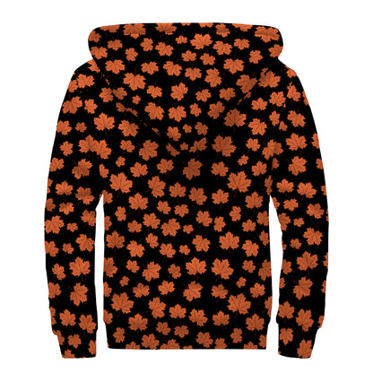 Orange Maple Leaves Pattern Print Sherpa Lined Zip Up Hoodie