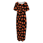 Orange Maple Leaves Pattern Print Short Sleeve Long Nightdress