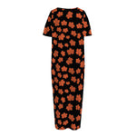 Orange Maple Leaves Pattern Print Short Sleeve Long Nightdress