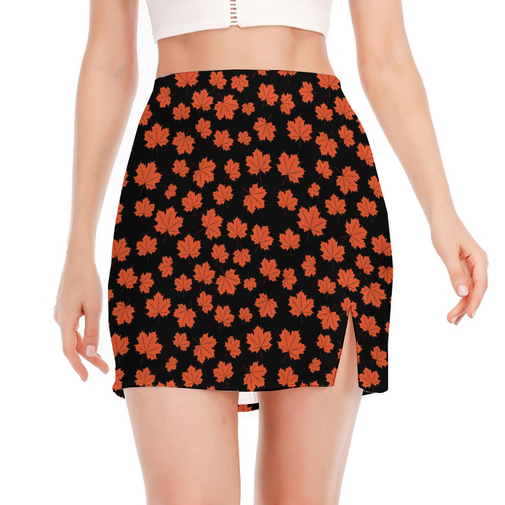 Orange Maple Leaves Pattern Print Side Slit Mini Skirt