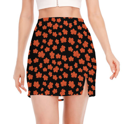 Orange Maple Leaves Pattern Print Side Slit Mini Skirt