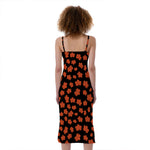 Orange Maple Leaves Pattern Print Slim Fit Midi Cami Dress