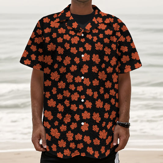 Orange Maple Leaves Pattern Print Textured Short Sleeve Shirt