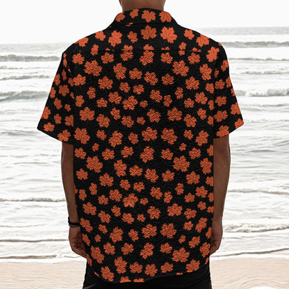 Orange Maple Leaves Pattern Print Textured Short Sleeve Shirt