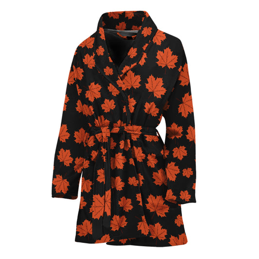 Orange Maple Leaves Pattern Print Women's Bathrobe