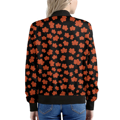 Orange Maple Leaves Pattern Print Women's Bomber Jacket