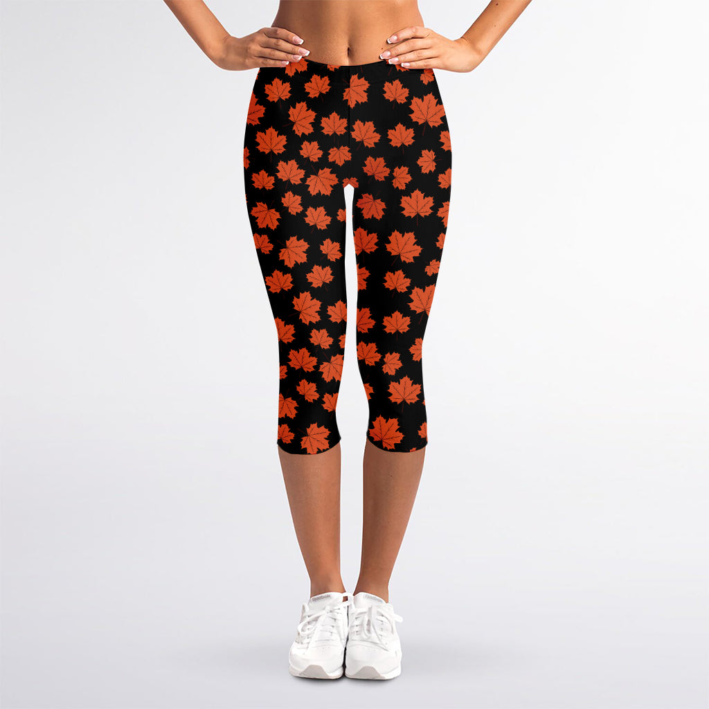 Orange Maple Leaves Pattern Print Women's Capri Leggings