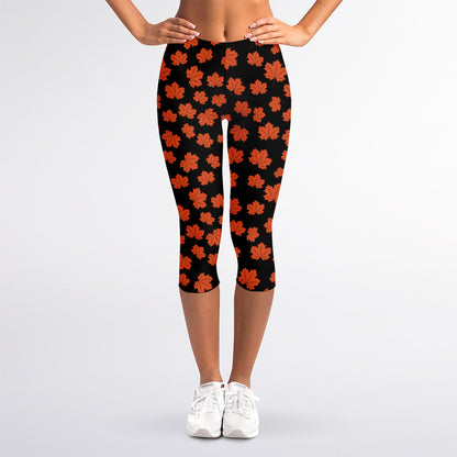 Orange Maple Leaves Pattern Print Women's Capri Leggings