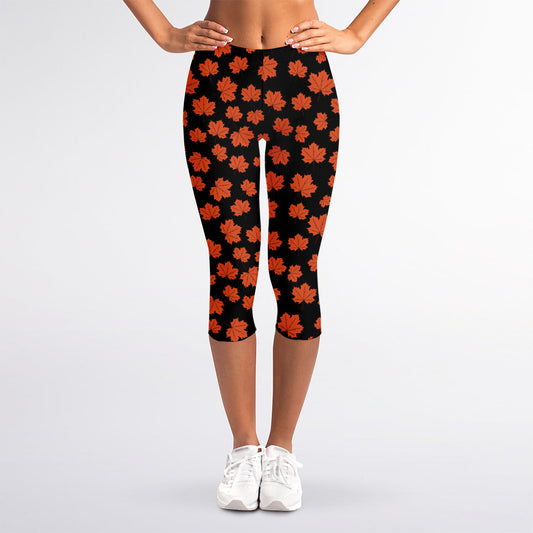 Orange Maple Leaves Pattern Print Women's Capri Leggings