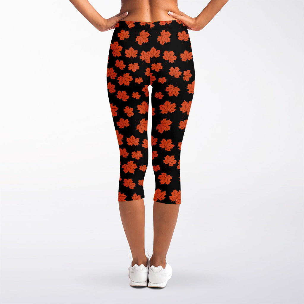 Orange Maple Leaves Pattern Print Women's Capri Leggings