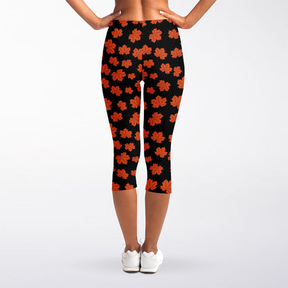 Orange Maple Leaves Pattern Print Women's Capri Leggings