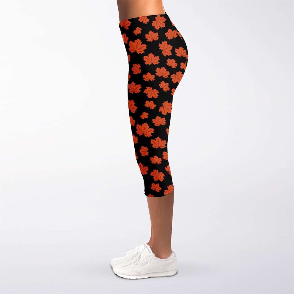 Orange Maple Leaves Pattern Print Women's Capri Leggings