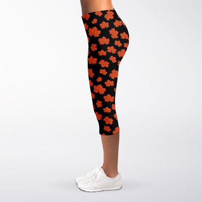 Orange Maple Leaves Pattern Print Women's Capri Leggings