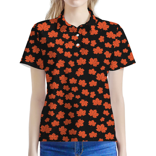 Orange Maple Leaves Pattern Print Women's Polo Shirt