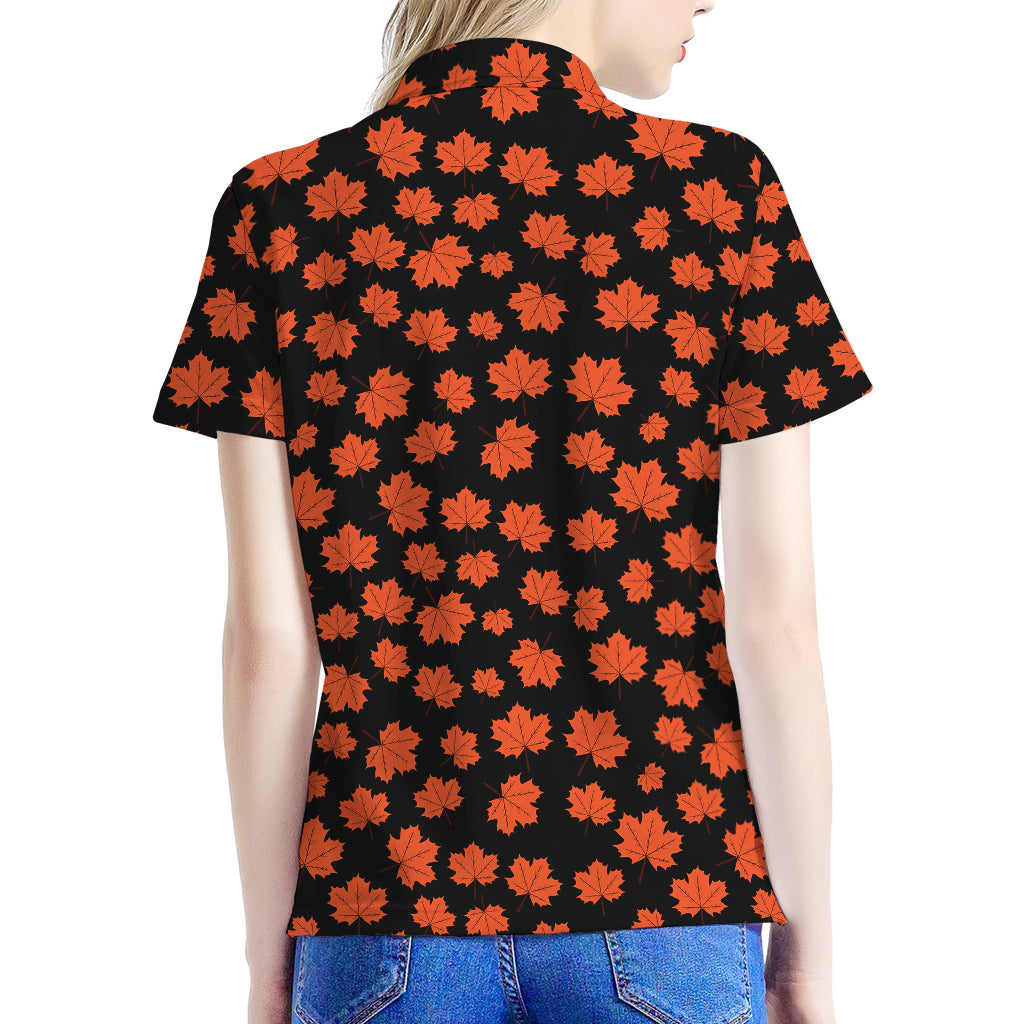 Orange Maple Leaves Pattern Print Women's Polo Shirt