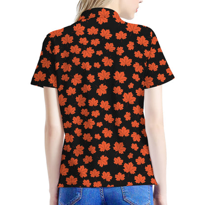 Orange Maple Leaves Pattern Print Women's Polo Shirt