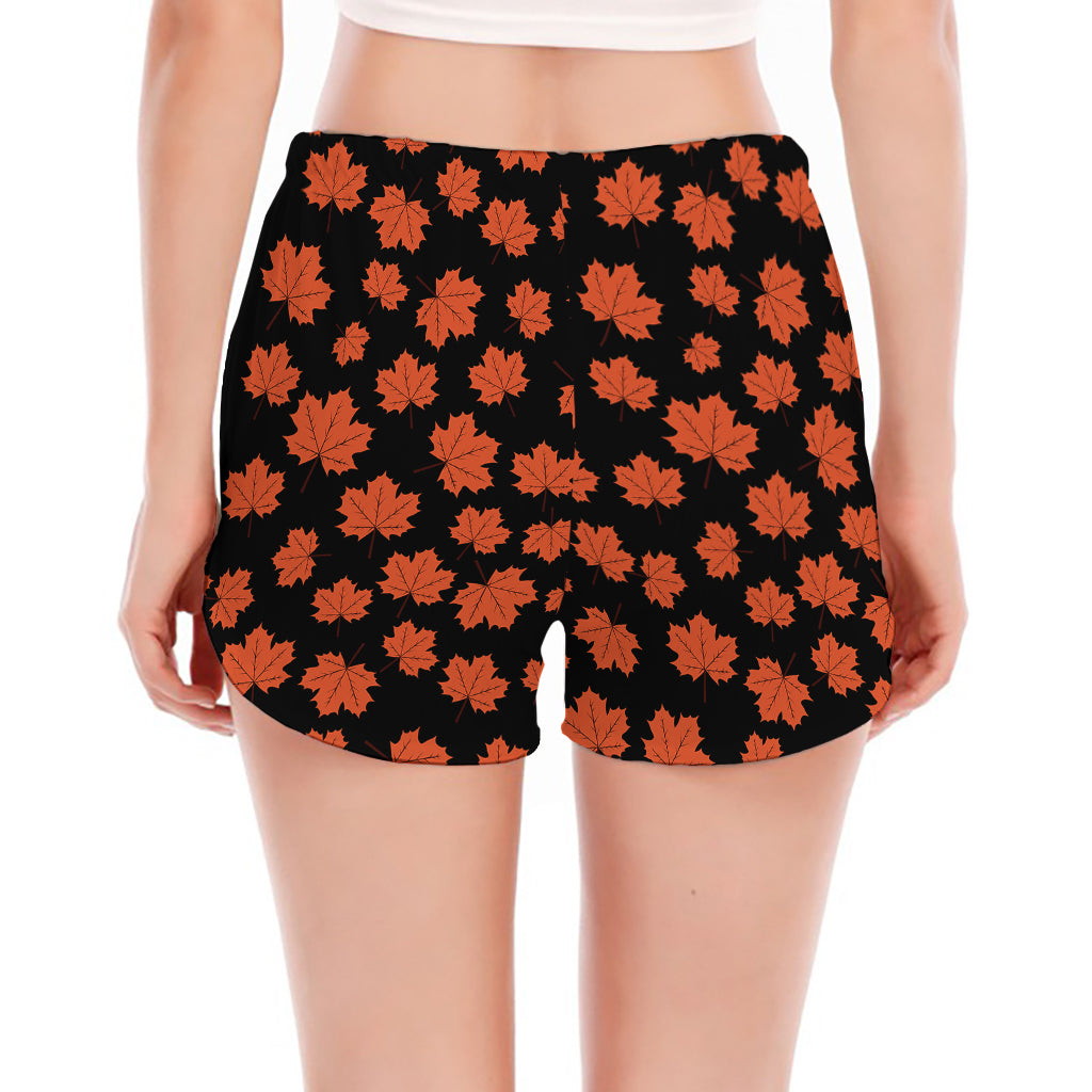 Orange Maple Leaves Pattern Print Women's Split Running Shorts