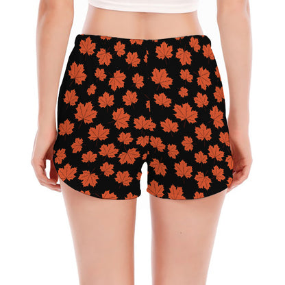 Orange Maple Leaves Pattern Print Women's Split Running Shorts