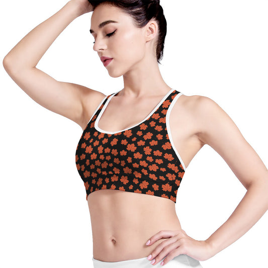 Orange Maple Leaves Pattern Print Women's Sports Bra