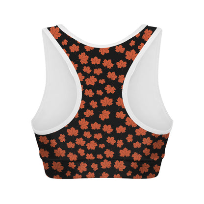 Orange Maple Leaves Pattern Print Women's Sports Bra