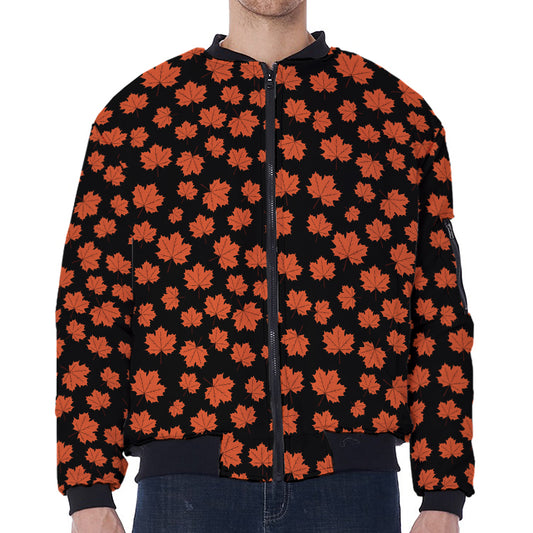 Orange Maple Leaves Pattern Print Zip Sleeve Bomber Jacket