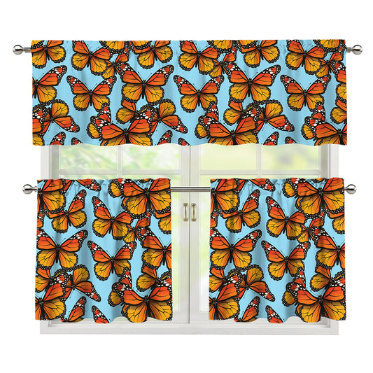Orange Monarch Butterflies Pattern Print 3 Piece Kitchen Curtains