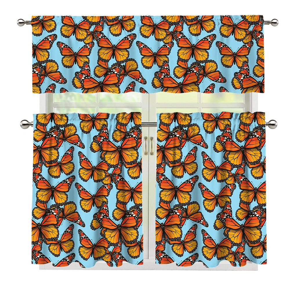 Orange Monarch Butterflies Pattern Print 3 Piece Kitchen Curtains