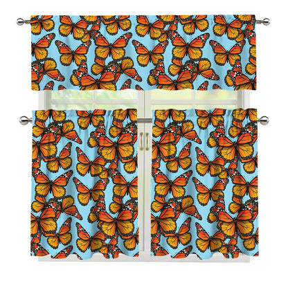 Orange Monarch Butterflies Pattern Print 3 Piece Kitchen Curtains