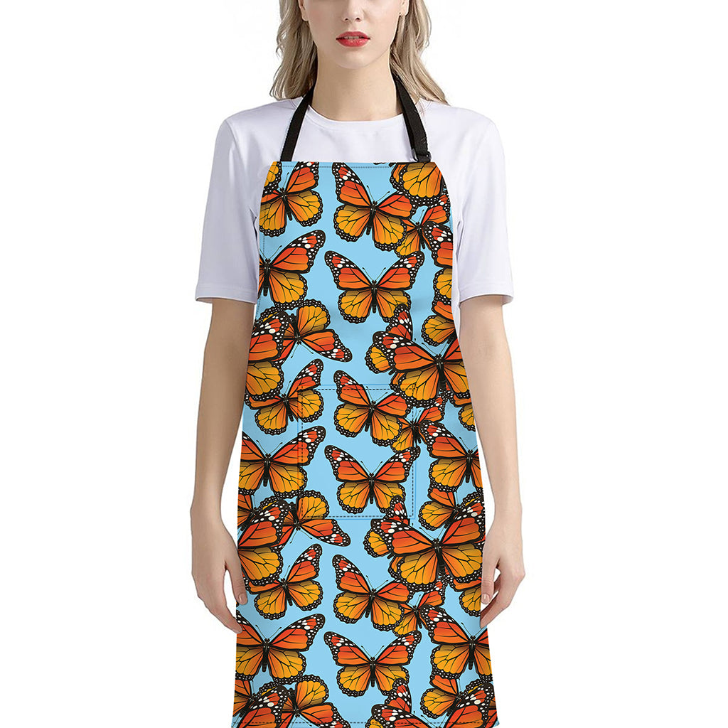 Orange Monarch Butterflies Pattern Print Bib Apron With Pocket